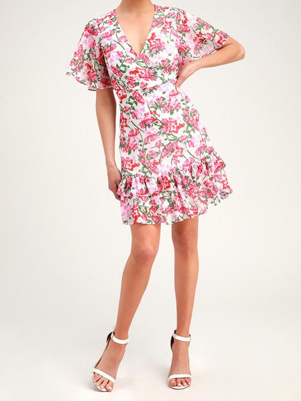 Floral Print Ruffle V Neck Short Sleeve Mini Dresses Women'S Fashion Beach Dress Summer Dress