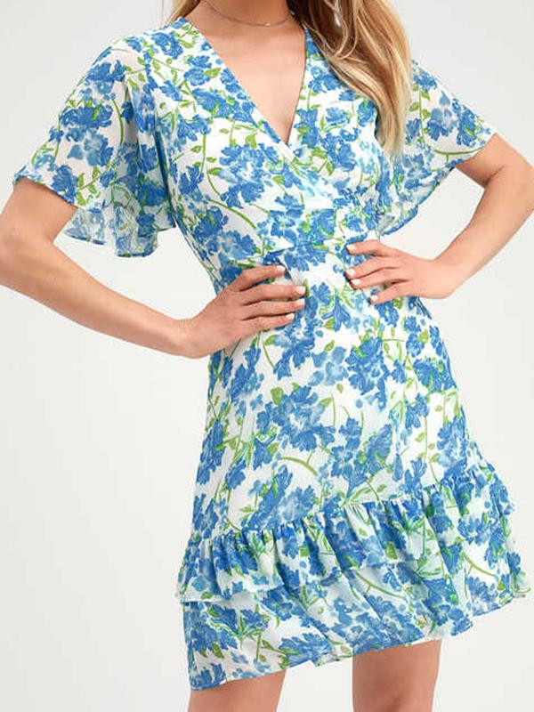 Floral Print Ruffle V Neck Short Sleeve Mini Dresses Women'S Fashion Beach Dress Summer Dress