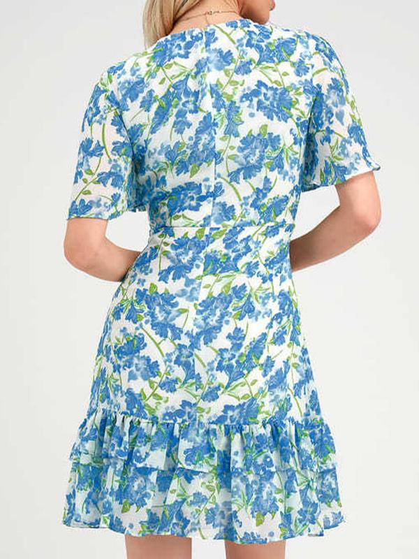 Floral Print Ruffle V Neck Short Sleeve Mini Dresses Women'S Fashion Beach Dress Summer Dress