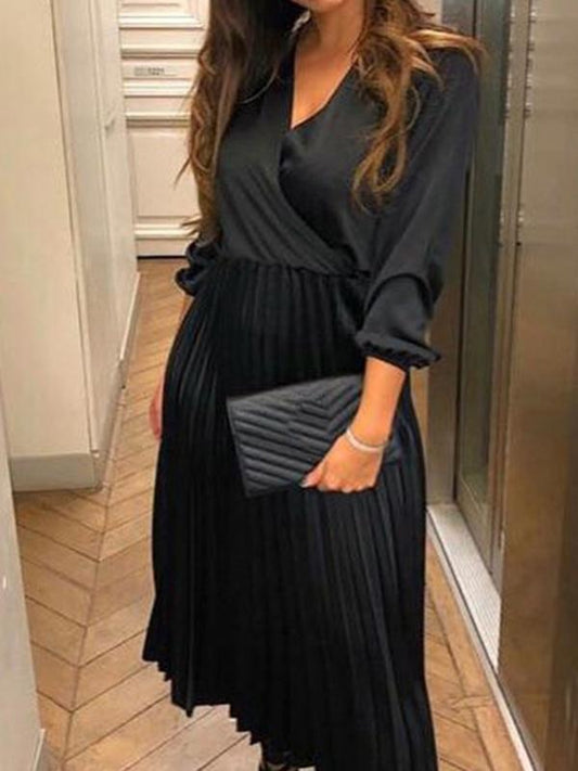 Pleated V-Neck Long Sleeve Women Maxi Dresses Elegant Dress