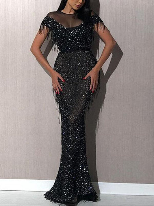 Fringe glitter tight bodycon round neck short sleeve women maxi dresses sequin dress evening dress