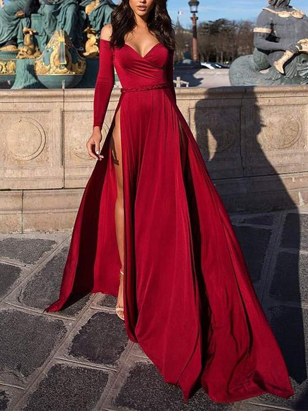 Slit Off Shoulder V Neck Long Sleeve Women Maxi Dresses Evening Dress