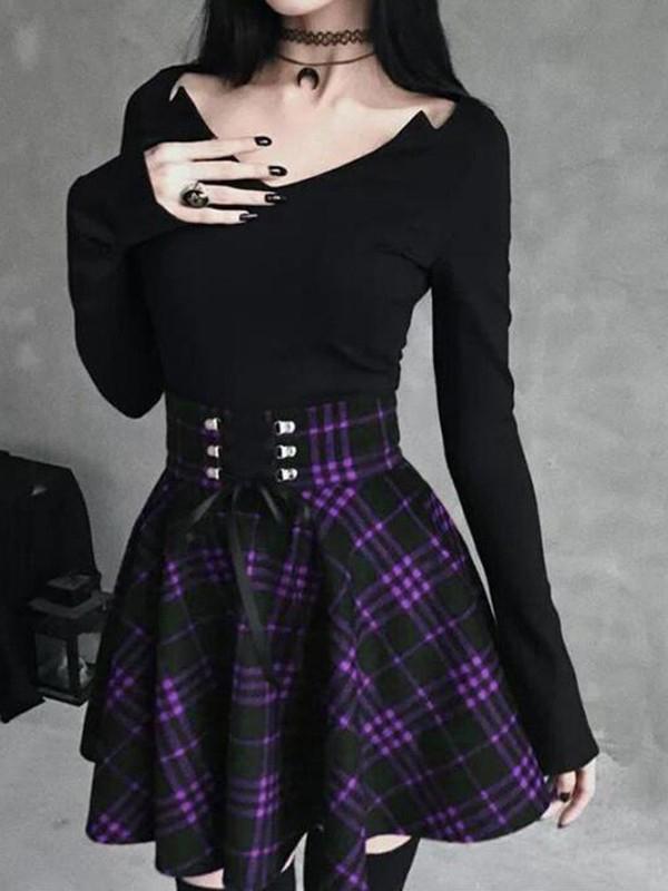 Checkered Lacing High Waisted A-Line Mini Skirt Skater Skirt Pleated Skirt Women Fashion