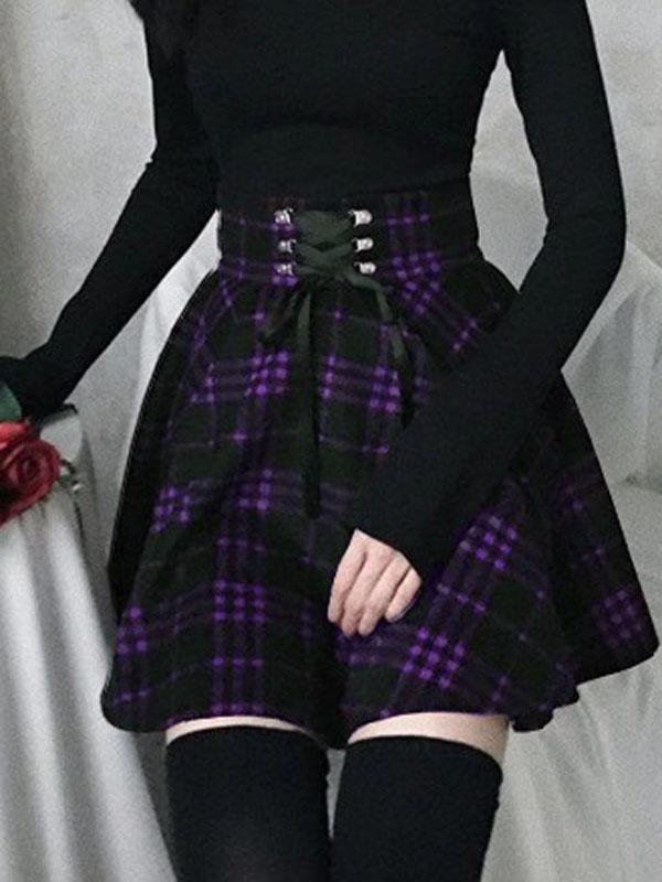 Checkered Lacing High Waisted A-Line Mini Skirt Skater Skirt Pleated Skirt Women Fashion