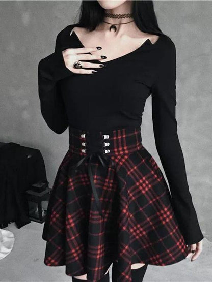 Checkered Lacing High Waisted A-Line Mini Skirt Skater Skirt Pleated Skirt Women Fashion