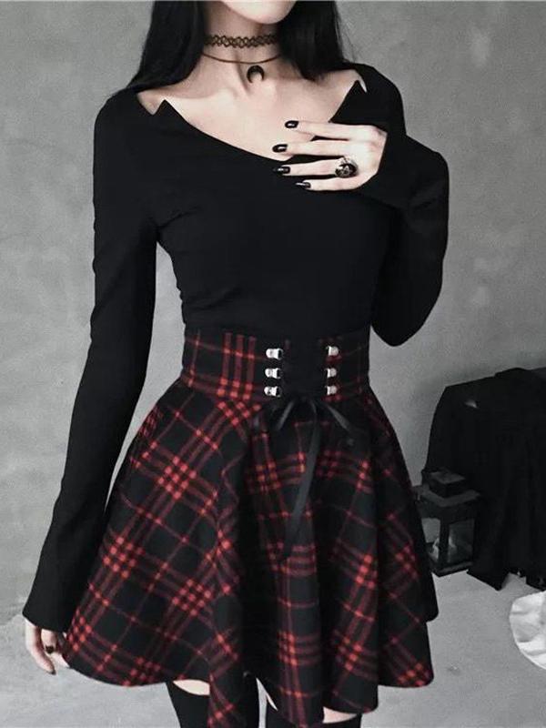 Checkered Lacing High Waisted A-Line Mini Skirt Skater Skirt Pleated Skirt Women Fashion