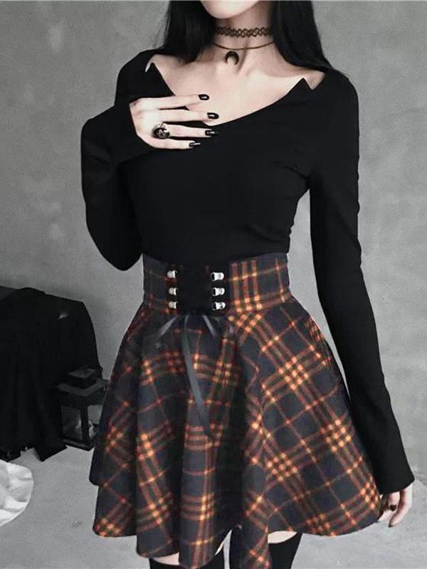 Checkered Lacing High Waisted A-Line Mini Skirt Skater Skirt Pleated Skirt Women Fashion