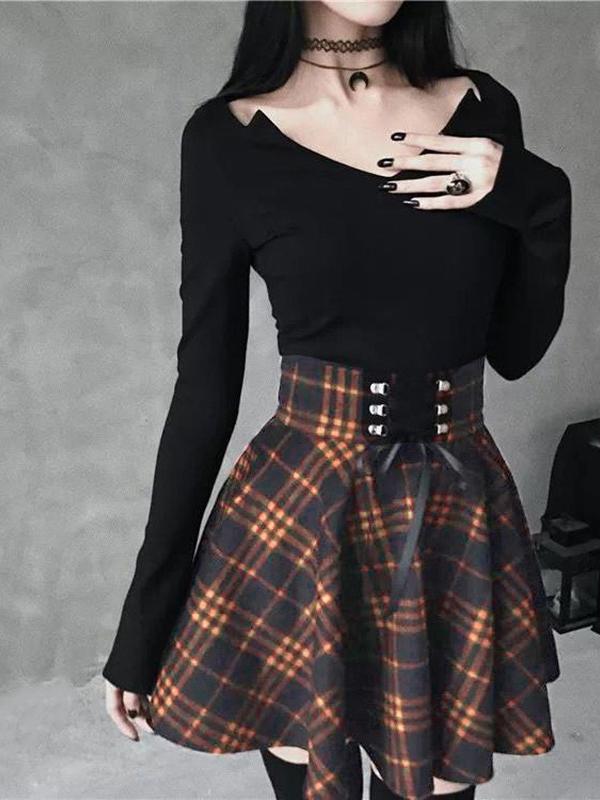 Checkered Lacing High Waisted A-Line Mini Skirt Skater Skirt Pleated Skirt Women Fashion