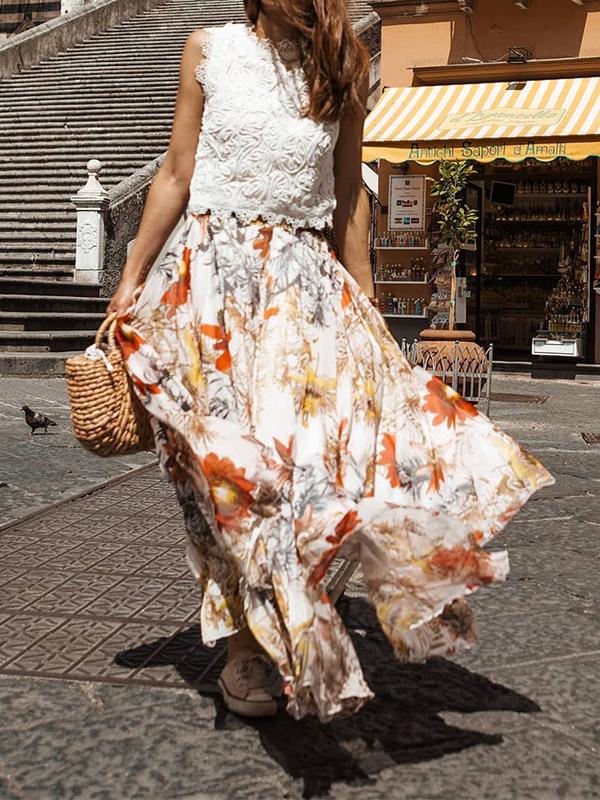 Floral print flowers high waist maxi skirt women fashion skirts