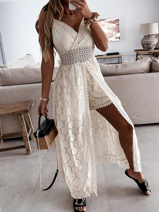 Patchwork Lace Slit V-Neck Spaghetti Straps High Waist Oversize Ladies Fashion Jumpsuit