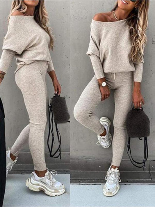 Solid Color Drawstring One Shoulder Round Neck Long Sleeves Batwing Sleeves Long Two-Piece Tubes Ladies Fashion Jumpsuit