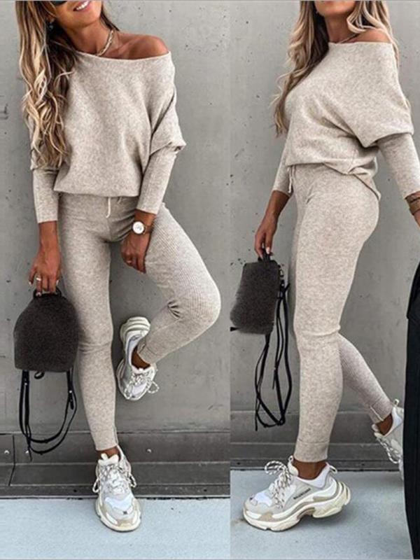 Solid Color Drawstring One Shoulder Round Neck Long Sleeves Batwing Sleeves Long Two-Piece Tubes Ladies Fashion Jumpsuit