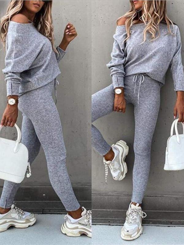 Solid Color Drawstring One Shoulder Round Neck Long Sleeves Batwing Sleeves Long Two-Piece Tubes Ladies Fashion Jumpsuit