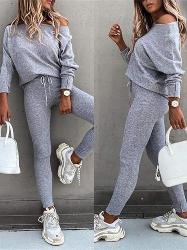 Solid Color Drawstring One Shoulder Round Neck Long Sleeves Batwing Sleeves Long Two-Piece Tubes Ladies Fashion Jumpsuit