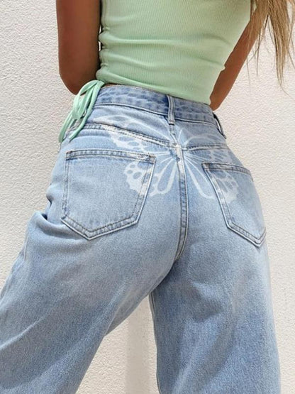 Butterfly Print Pockets High Waist Women Boyfriend Jeans