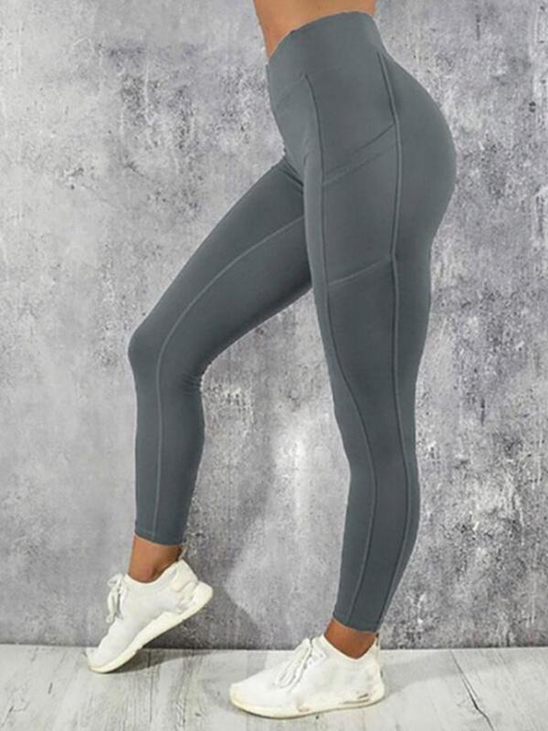 Solid Color Pockets Yoga Push Up Long High Waist Tubular Women Fashion Leggings