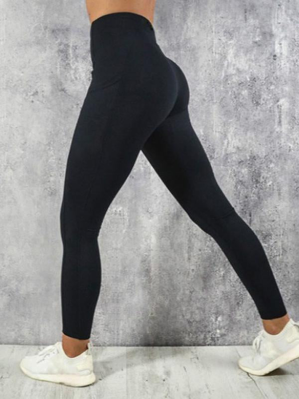 Solid Color Pockets Yoga Push Up Long High Waist Tubular Women Fashion Leggings