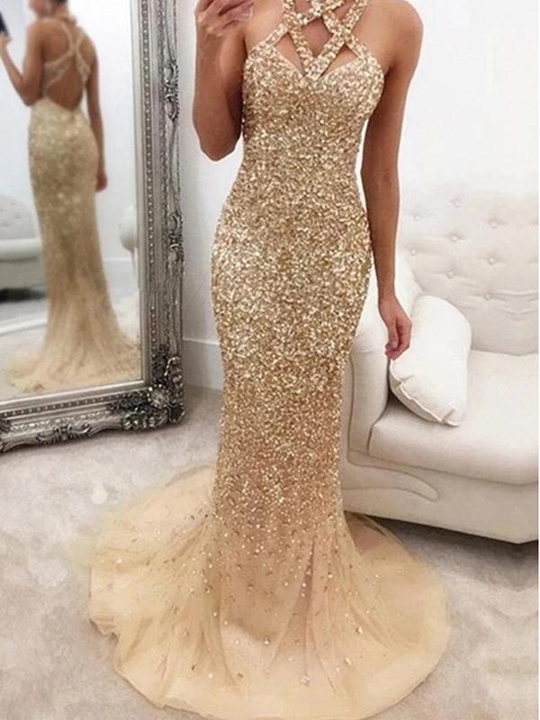 Patchwork Glitter Backless V-Neck Sleeveless Tight Maxi Dress Women's Fashion Evening Dress