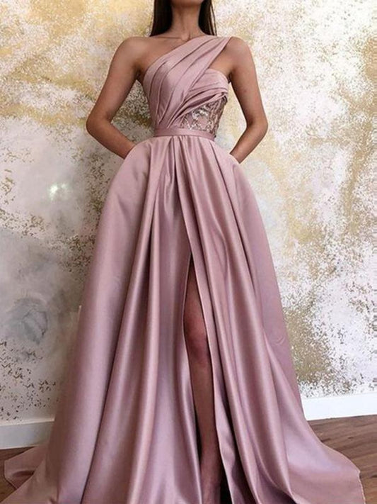 Slit Draped One Shoulder Sleeveless Women Maxi Dresses Evening Dress Ball Gown