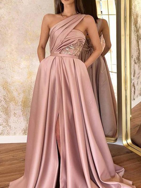 Slit Draped One Shoulder Sleeveless Women Maxi Dresses Evening Dress Ball Gown