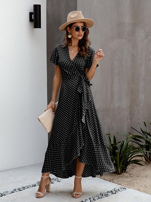 Polka Dot Ruffles Irregular V-Neck Short Sleeve Women Maxi Dresses Summer Dress Casual Dress