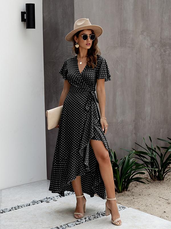 Polka Dot Ruffles Irregular V-Neck Short Sleeve Women Maxi Dresses Summer Dress Casual Dress