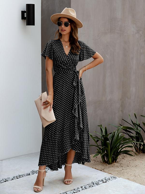 Polka Dot Ruffles Irregular V-Neck Short Sleeve Women Maxi Dresses Summer Dress Casual Dress