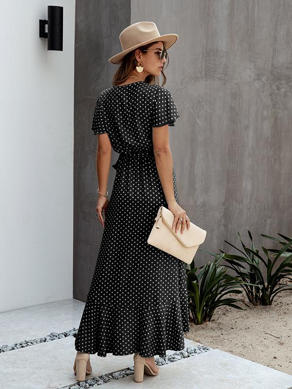 Polka Dot Ruffles Irregular V-Neck Short Sleeve Women Maxi Dresses Summer Dress Casual Dress