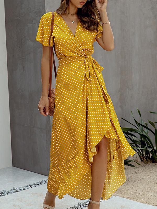 Polka Dot Ruffles Irregular V-Neck Short Sleeve Women Maxi Dresses Summer Dress Casual Dress