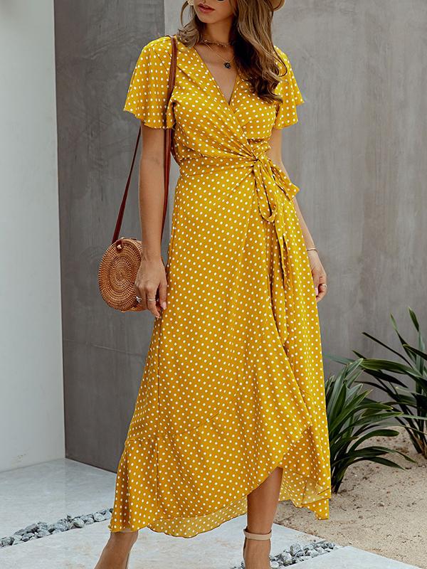 Polka Dot Ruffles Irregular V-Neck Short Sleeve Women Maxi Dresses Summer Dress Casual Dress