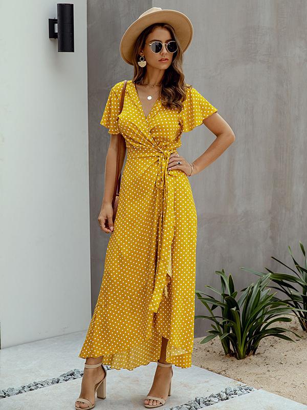 Polka Dot Ruffles Irregular V-Neck Short Sleeve Women Maxi Dresses Summer Dress Casual Dress