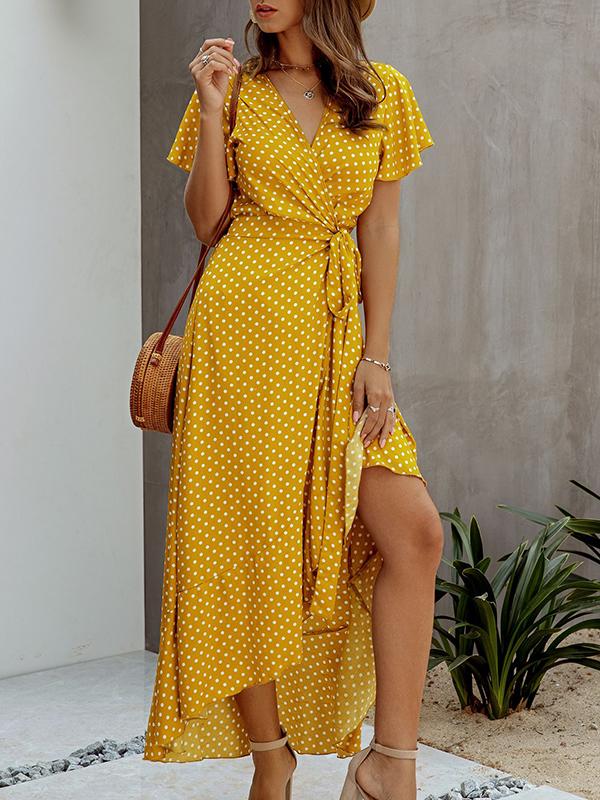 Polka Dot Ruffles Irregular V-Neck Short Sleeve Women Maxi Dresses Summer Dress Casual Dress