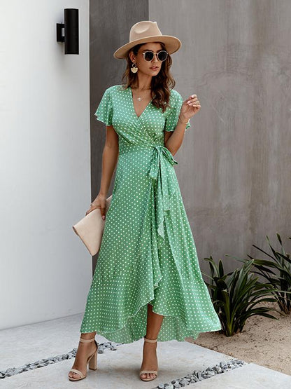 Polka Dot Ruffles Irregular V-Neck Short Sleeve Women Maxi Dresses Summer Dress Casual Dress