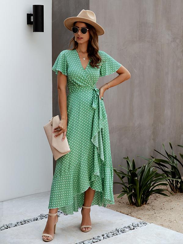 Polka Dot Ruffles Irregular V-Neck Short Sleeve Women Maxi Dresses Summer Dress Casual Dress