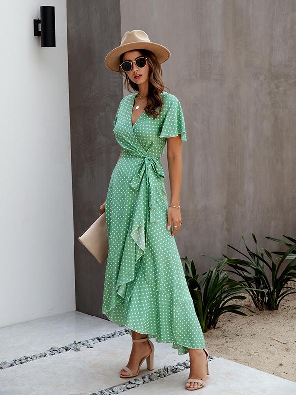 Polka Dot Ruffles Irregular V-Neck Short Sleeve Women Maxi Dresses Summer Dress Casual Dress