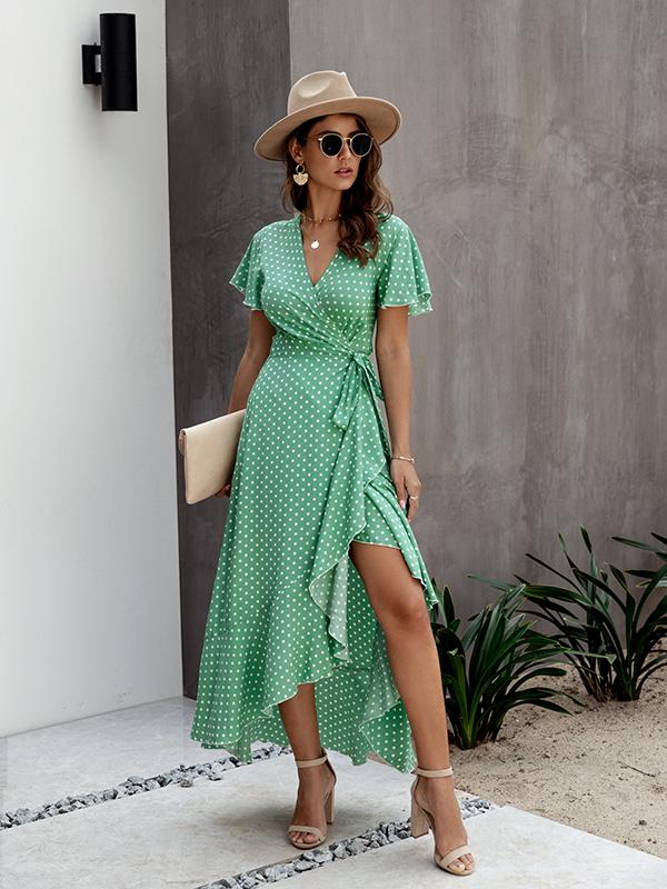 Polka Dot Ruffles Irregular V-Neck Short Sleeve Women Maxi Dresses Summer Dress Casual Dress