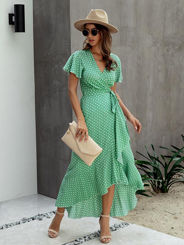 Polka Dot Ruffles Irregular V-Neck Short Sleeve Women Maxi Dresses Summer Dress Casual Dress