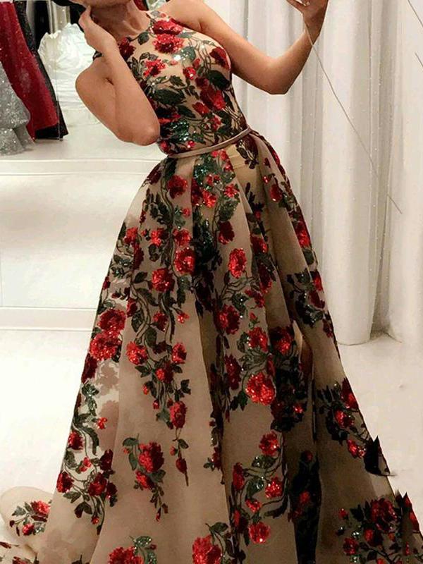 Floral Print Sequins High Waist Slit Round Neck Sleeveless A-Line Maxi Dresses Women Fashion Evening Dress