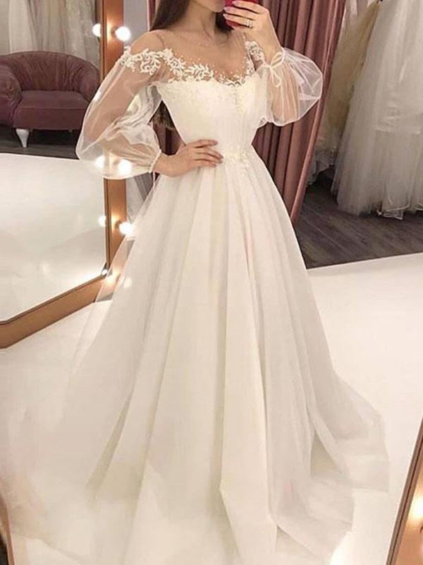 Lace Pleated Mesh Round Neck Long Sleeve Women Maxi Dresses Wedding Dress Evening Dress