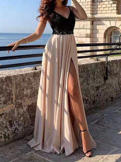 Lace Slit Draped V Neck Spaghetti Straps Women Maxi Dresses Evening Dress Ball Gown