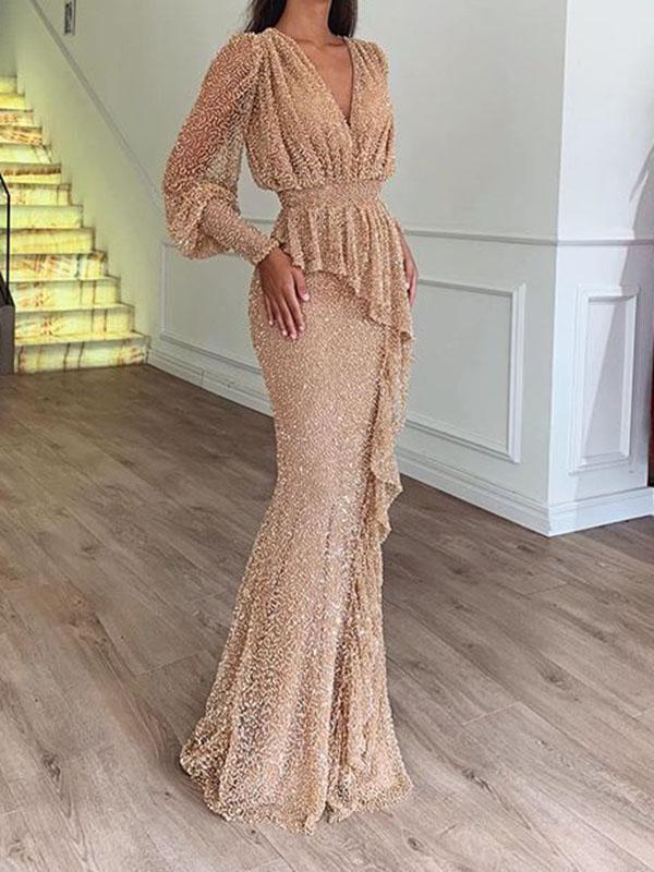 Ruffles Draped V Neck Long Sleeve Maxi Dresses Evening Dress Ball Gown