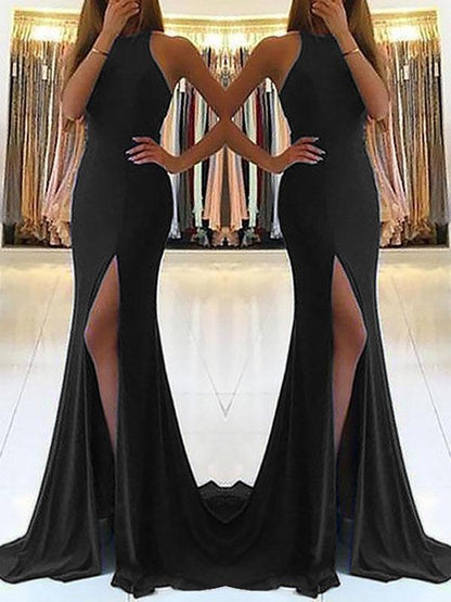 Cut Out Slit Round Neck Sleeveless Women Maxi Dresses Evening Dress Ball Gown