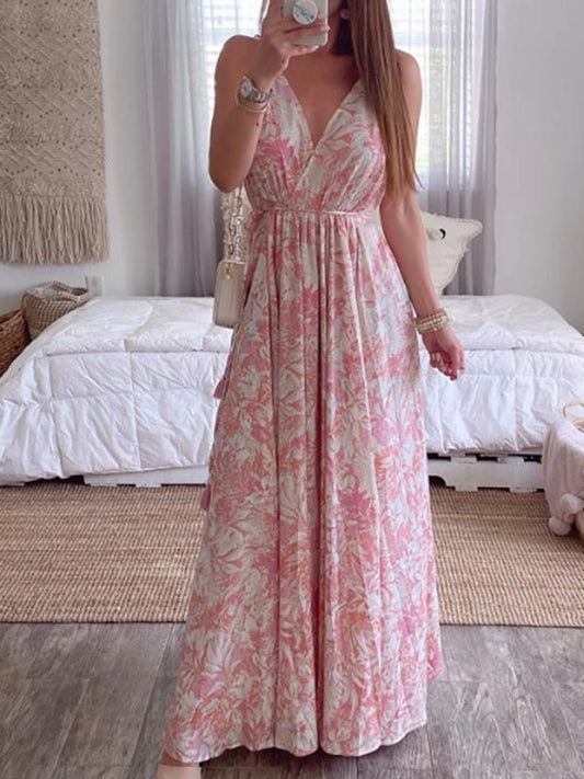 Floral Print Drawstring Slit V Neck Sleeveless Maxi Dresses Women Fashion Summer Dress Beach Dress