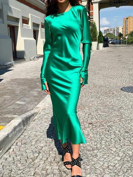 Solid Color Cut Out Round Neck Long Sleeve Maxi Dresses Women Fashion Elegant Dress