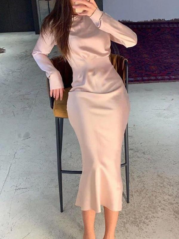 Solid Color Cut Out Round Neck Long Sleeve Maxi Dresses Women Fashion Elegant Dress