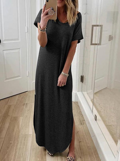 Solid Color Pockets Round Neck Short Sleeve Loose Maxi Dress Women Fashion Casual Dress