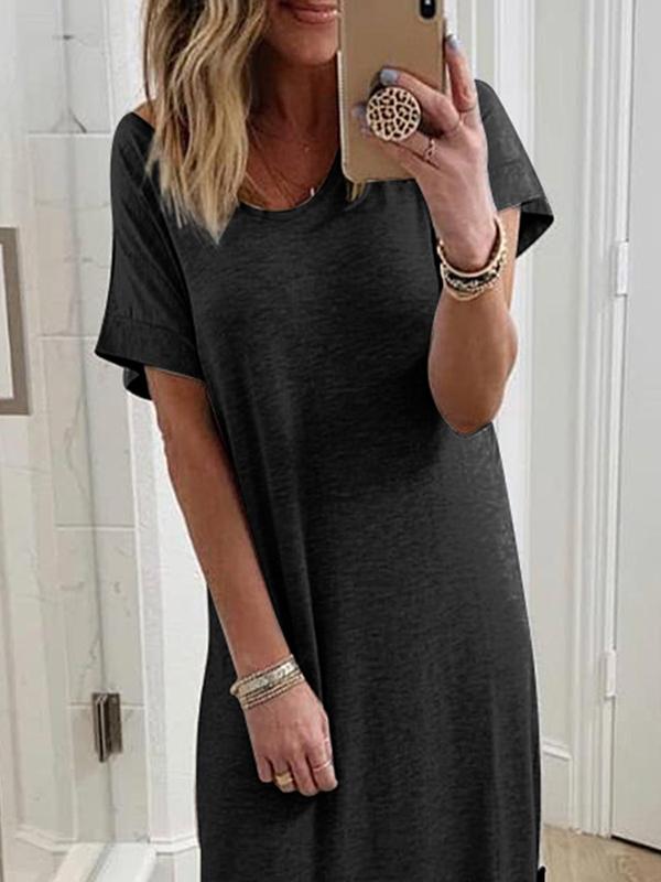 Solid Color Pockets Round Neck Short Sleeve Loose Maxi Dress Women Fashion Casual Dress