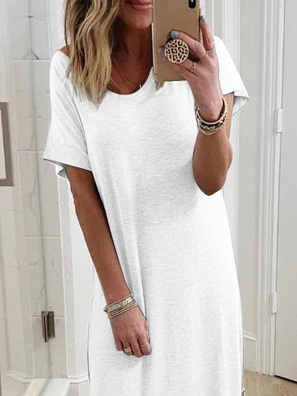 Solid Color Pockets Round Neck Short Sleeve Loose Maxi Dress Women Fashion Casual Dress