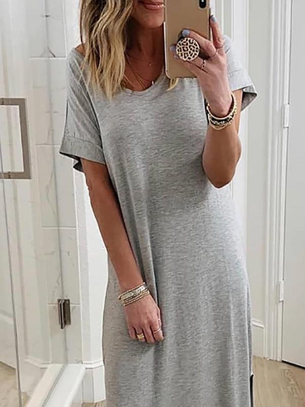 Solid Color Pockets Round Neck Short Sleeve Loose Maxi Dress Women Fashion Casual Dress