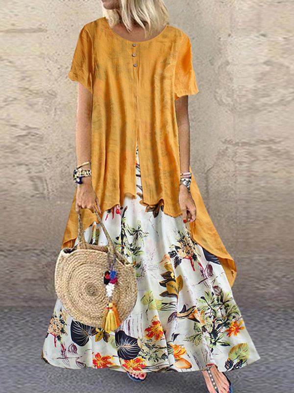 Floral Two-Piece Print Round Neck Short Sleeve Women's Maxidress Summer Dress